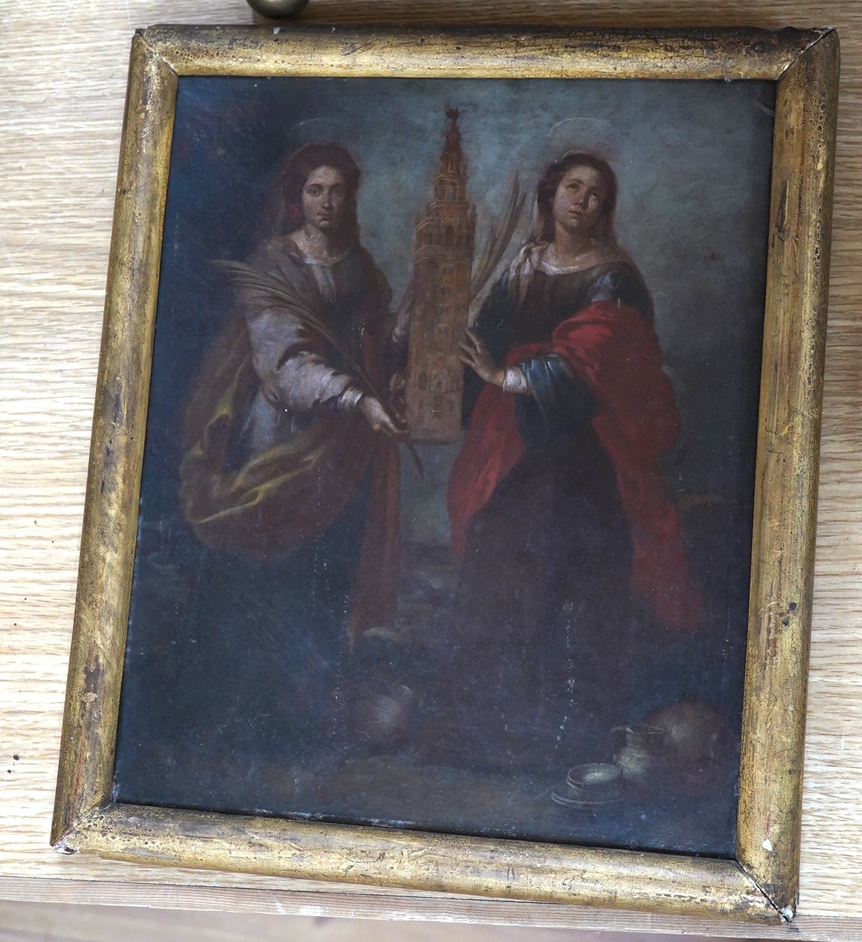 After Murillo (1618-1682), over painted print on canvas, ‘St Justa and St Rufina’, 28 x 23cm. Condition - fair